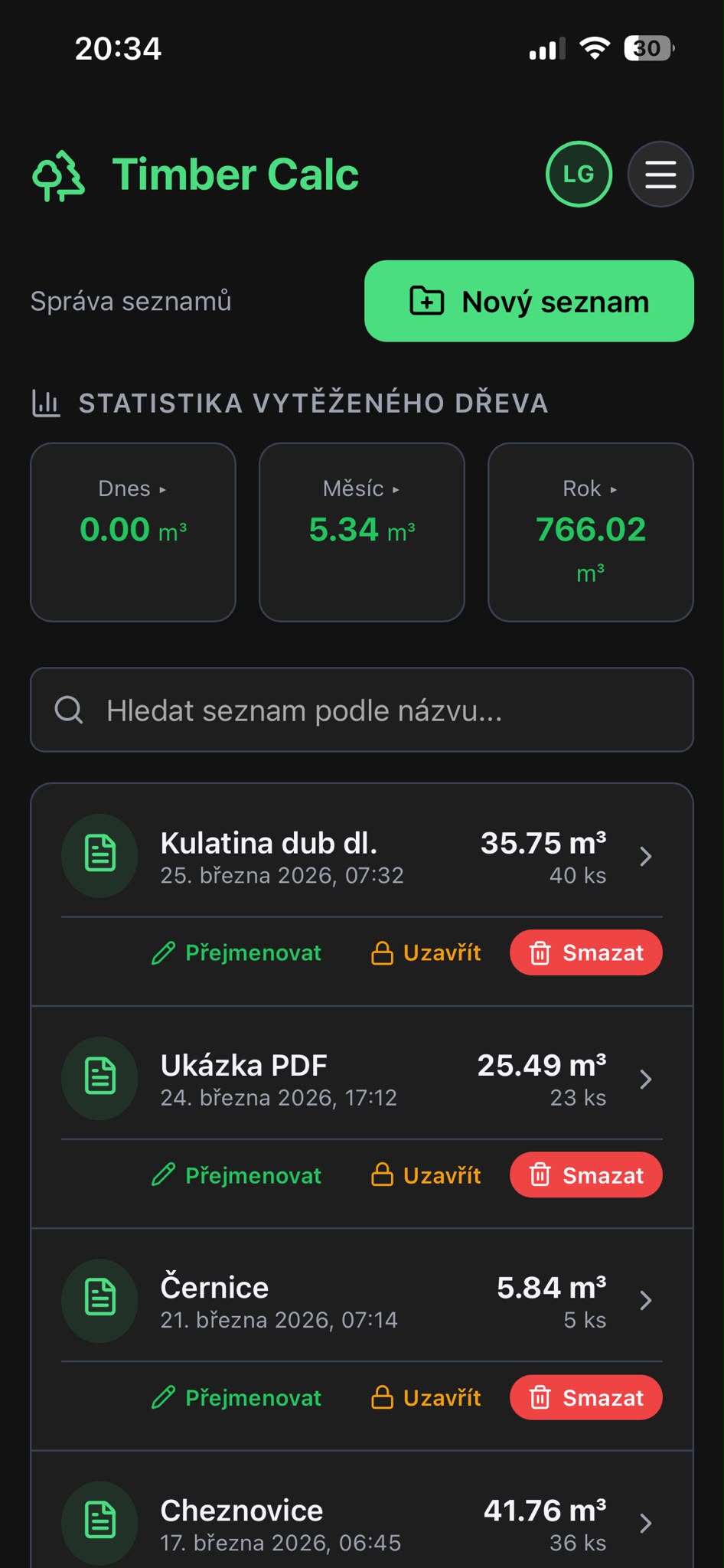 Správa seznamů kubírování dřeva v aplikaci Timber Calc